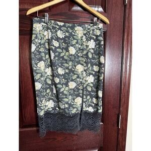 Free People Floral Pencil Skirt Crochet Lace Hem Dark Moss Green Size 8